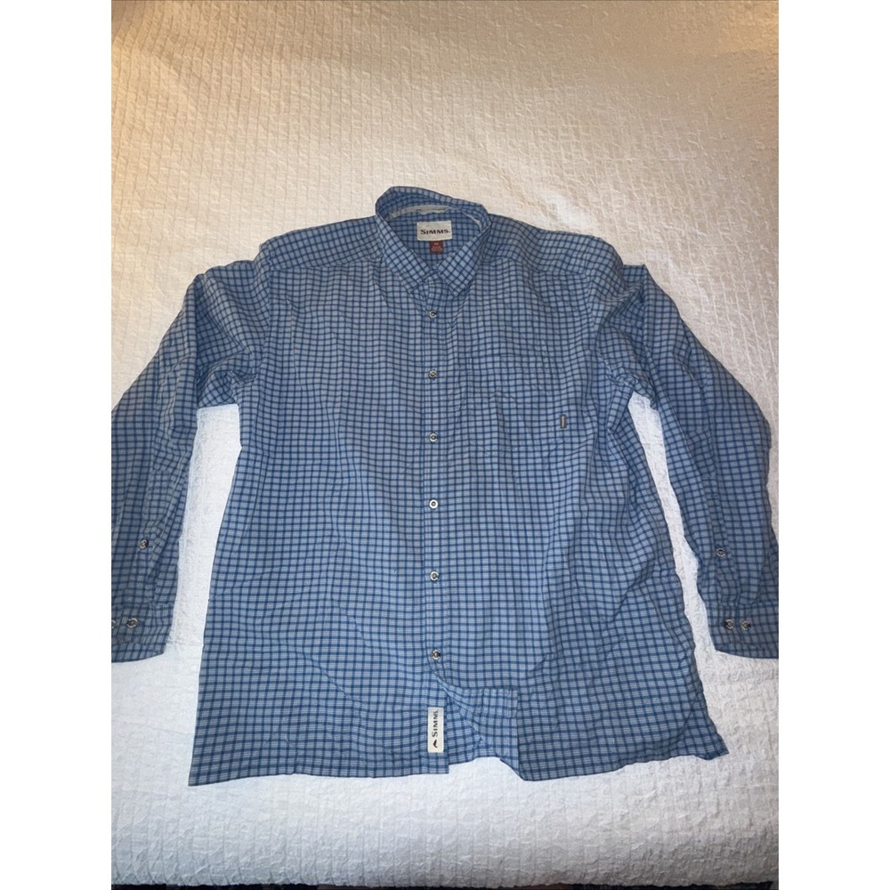 Simms Fishing Men's 2XL Button Up Long Sleeve Plaid Light Weight Small Pinhole
